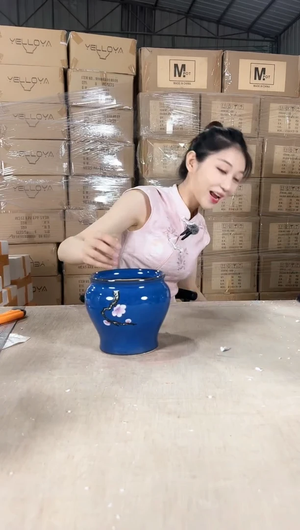 缸形深蓝花釉勾花13x13