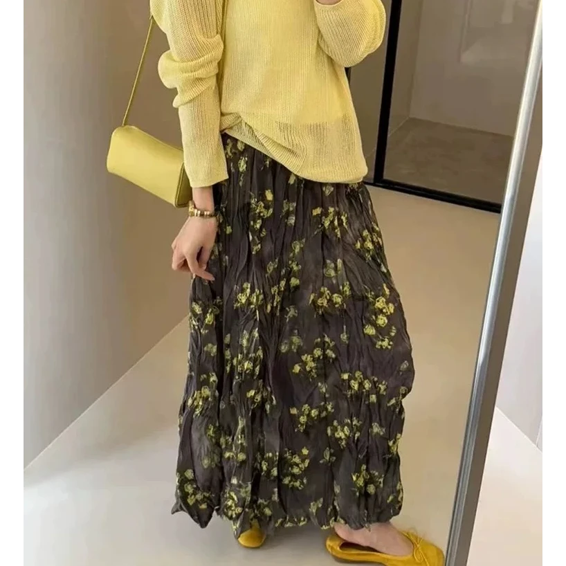 2025春夏爆款高级感时尚碎花半身裙女新款高腰显瘦百褶大摆中长裙