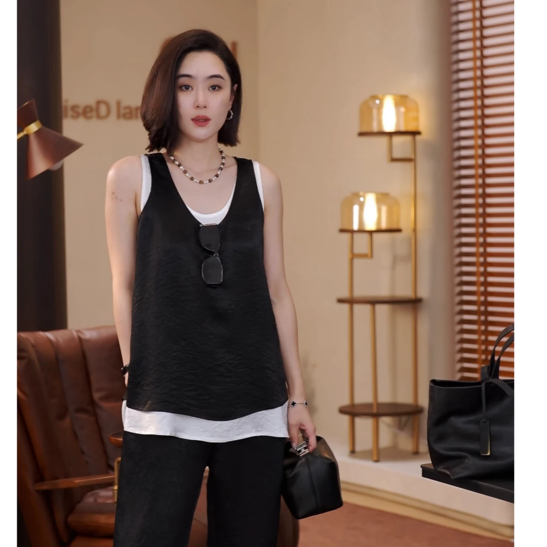 MORELAN2025春夏松弛慵懒醋酸U领真两件背心两件套上衣ML-16593