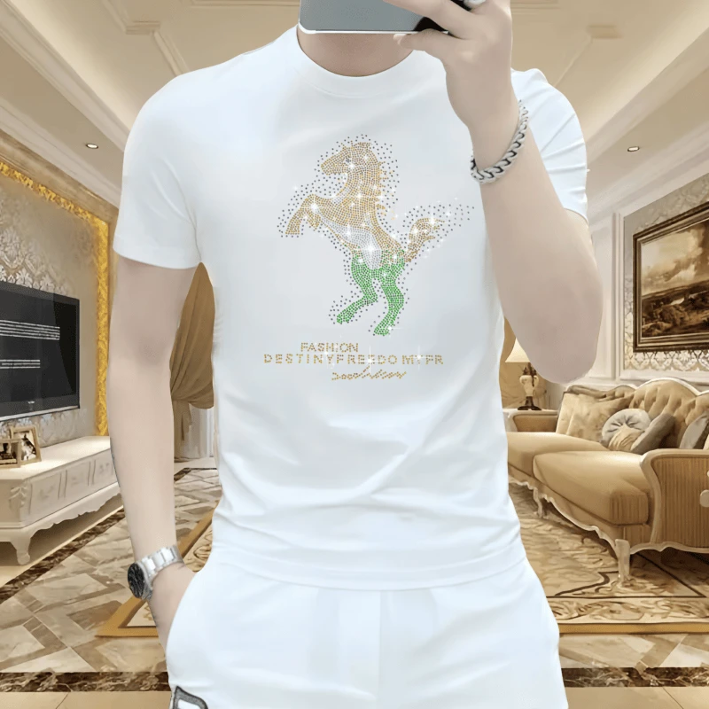 男士新款烫钻时尚休闲夏季高品质冰丝潮流修身圆领白色百搭短袖T