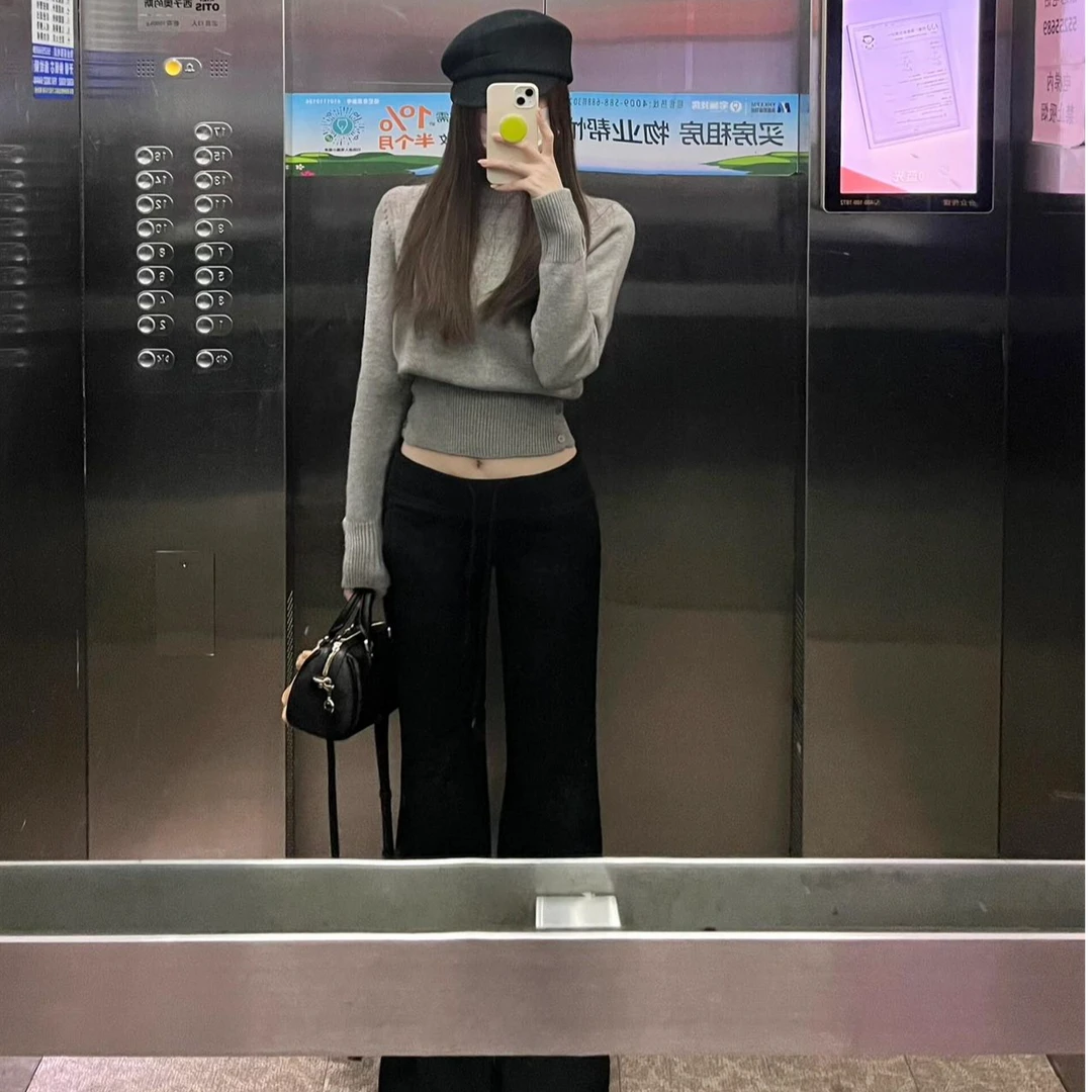 巨好看的早秋套装灰色针织衫短款上衣女时尚抽绳阔腿裤子两件套装