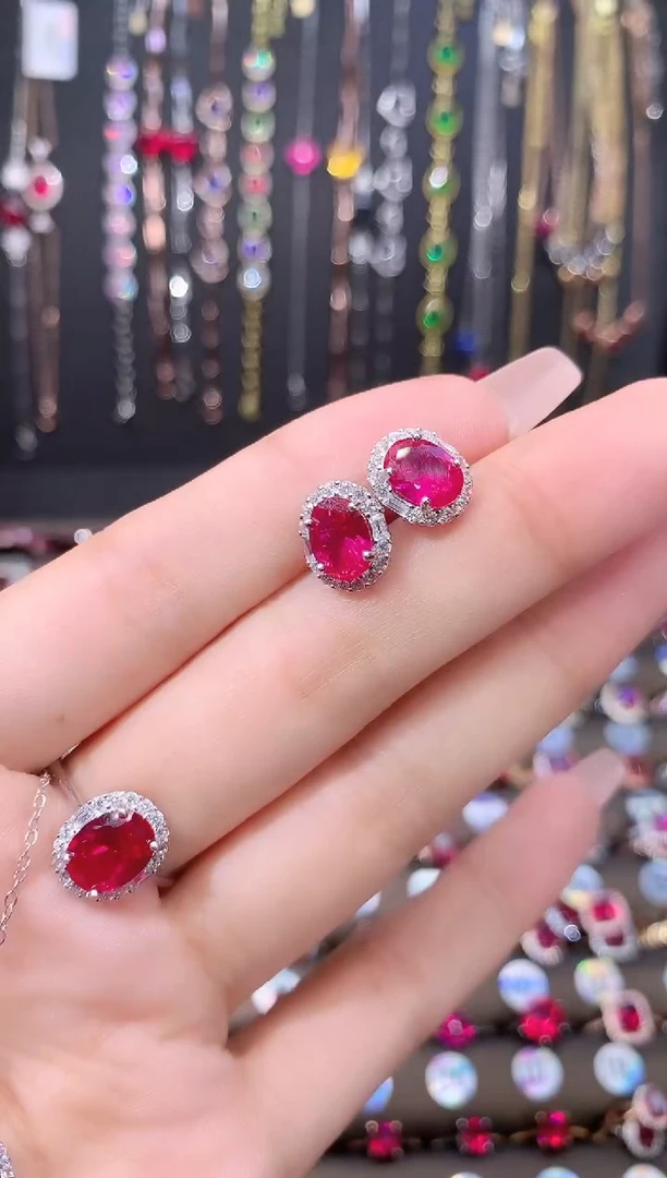 耳饰银S925镶嵌红宝石银色