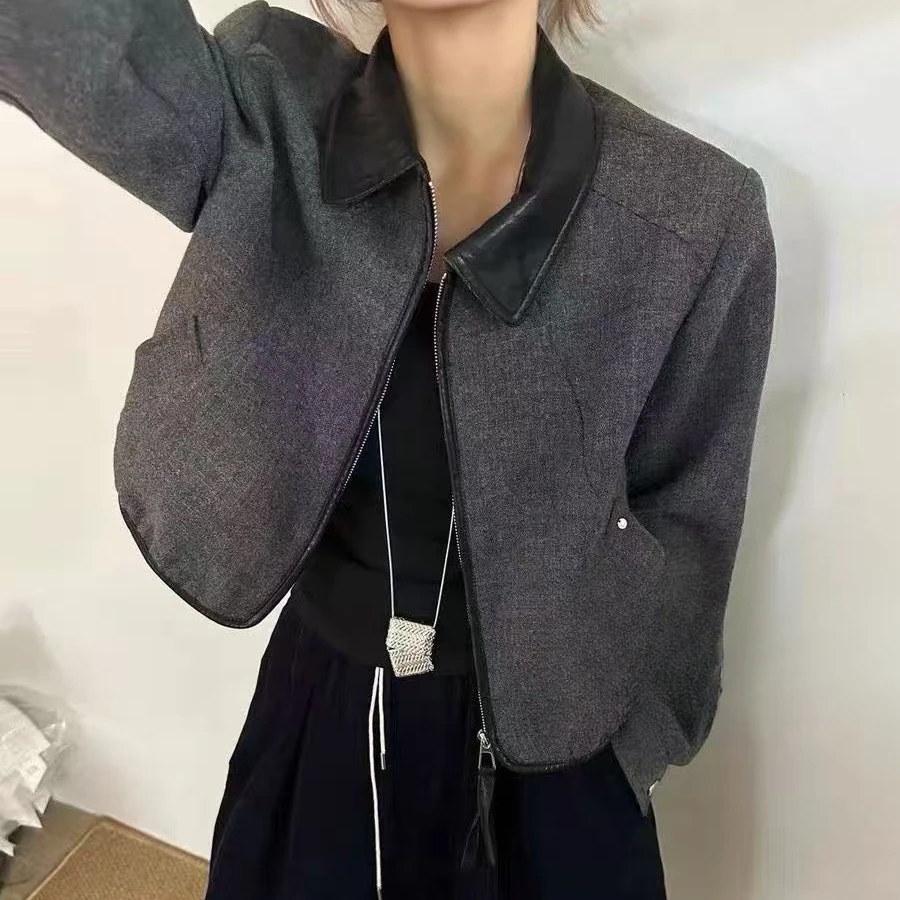 253871 毛呢设计感翻领POLO气质时尚韩版酷飒外套