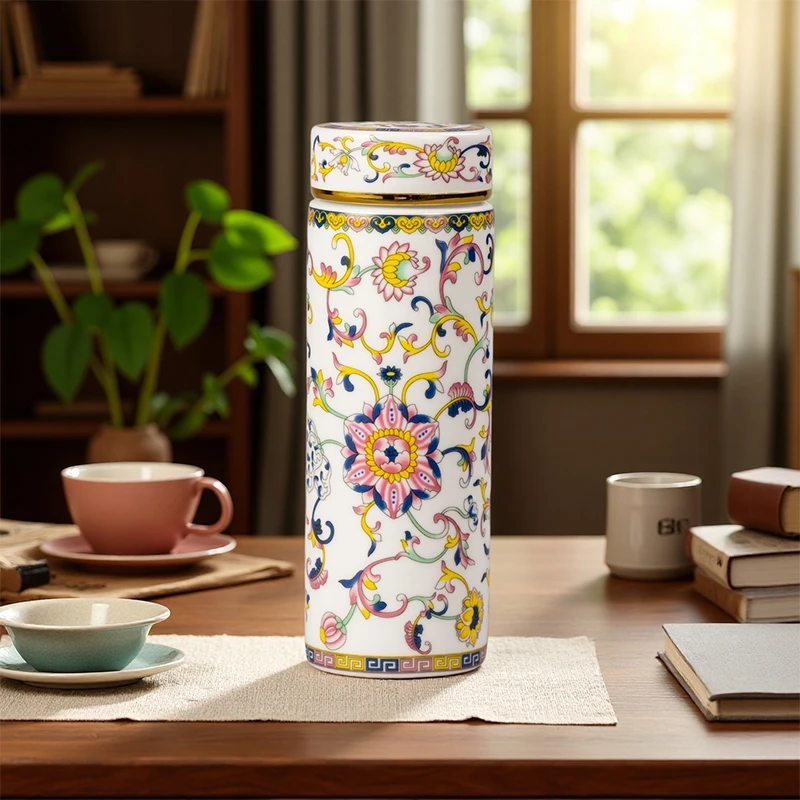 【百善瓷业】白色珐琅彩缠枝莲保温杯