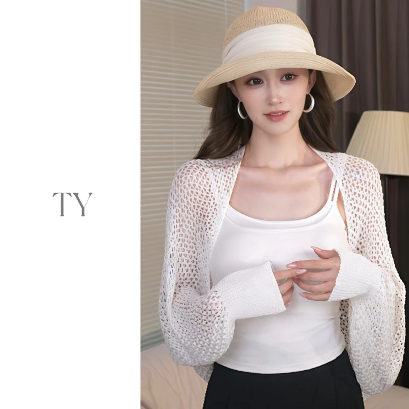 太一夏季新款冰丝防晒披肩镂空针织薄款小开衫时尚洋气长袖披肩