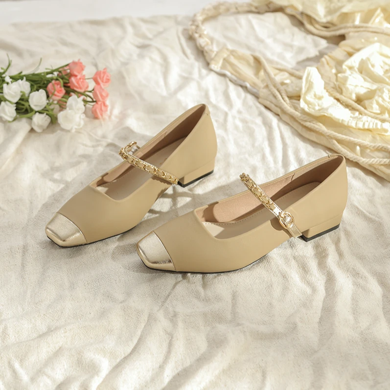 新品拼接小香风低跟一字带玛丽珍百搭优雅气质配裙高级通勤女单鞋