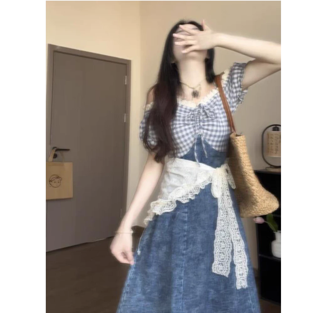 牛仔连衣裙女夏2025新款法式气质拼接格子木耳边系带显瘦收腰长裙