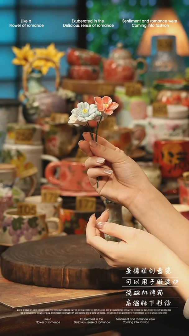 陶瓷随机三朵景德镇高温釉下彩手工手绘款式