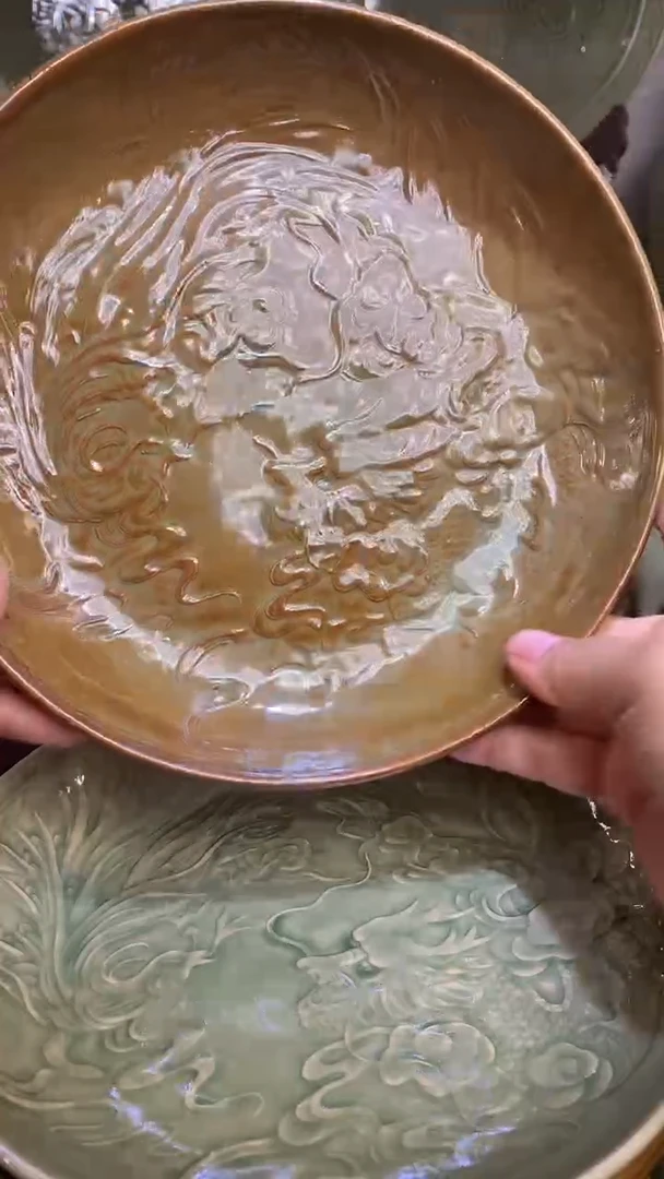 耀州窑微瑕窑变龙凤盘一只