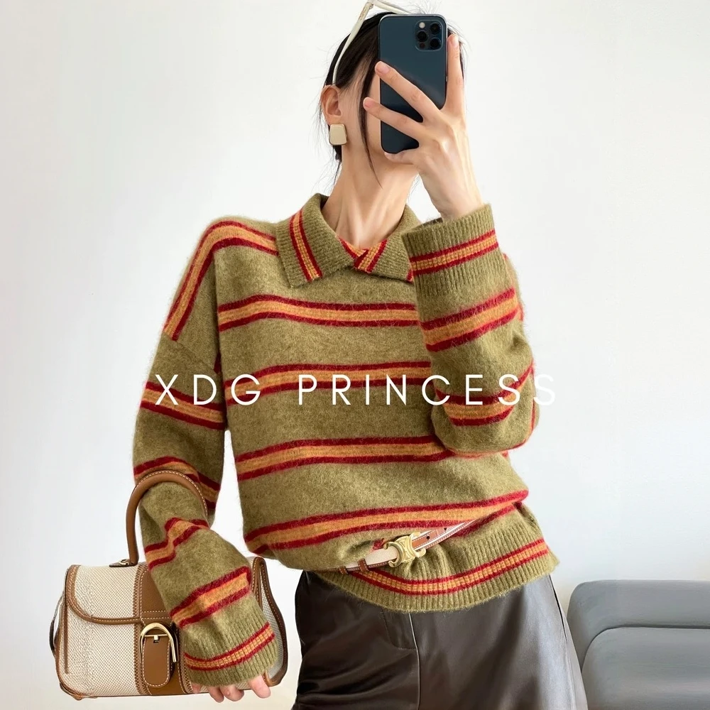 复古拼色条纹翻领气质毛衣女2025秋冬宽松慵懒风针织衫
