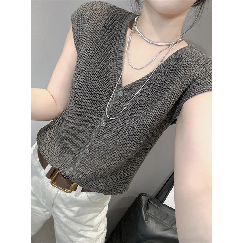 灰色V领针织短袖T恤女2025新款爆款夏季薄款洋气减龄冰丝正肩上衣