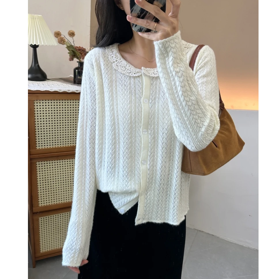 温柔风韩系蕾丝花边娃娃领软糯镂空钩花开衫减龄长袖打底针织衫