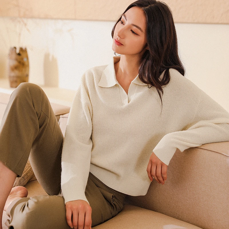 SHOKAY慵懒POLO领羊毛牦牛绒针织衫