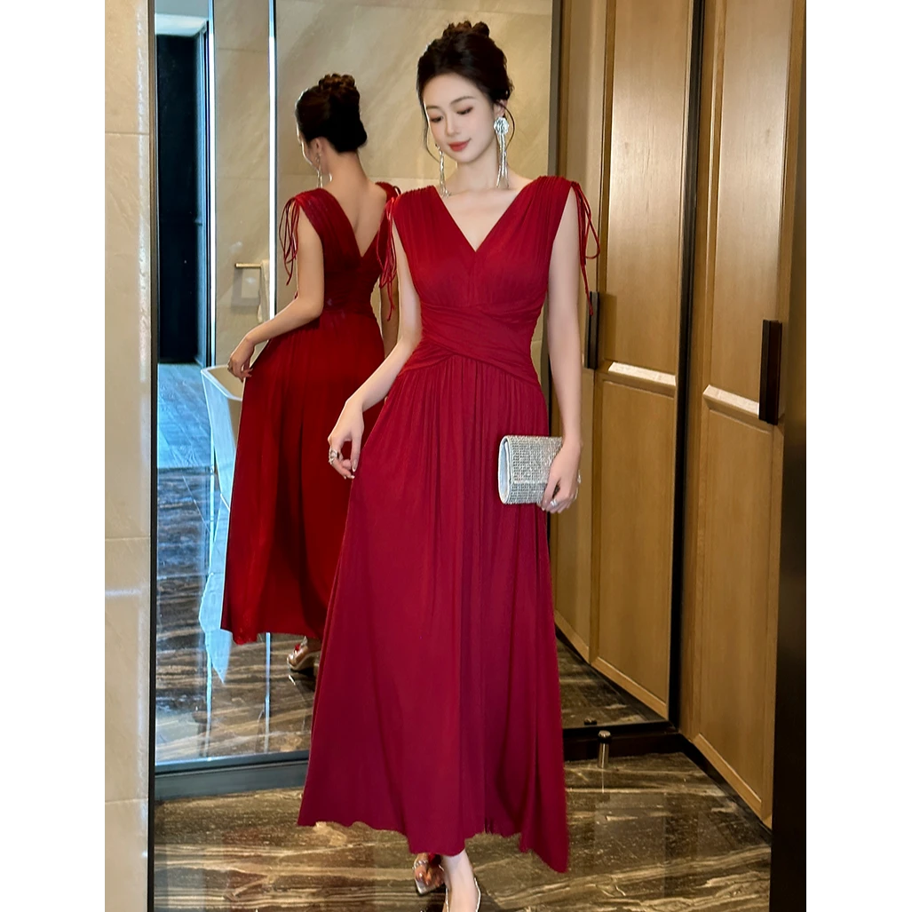 修身婚礼气质显瘦宴会酒红色收腰性感时尚复古优雅70447