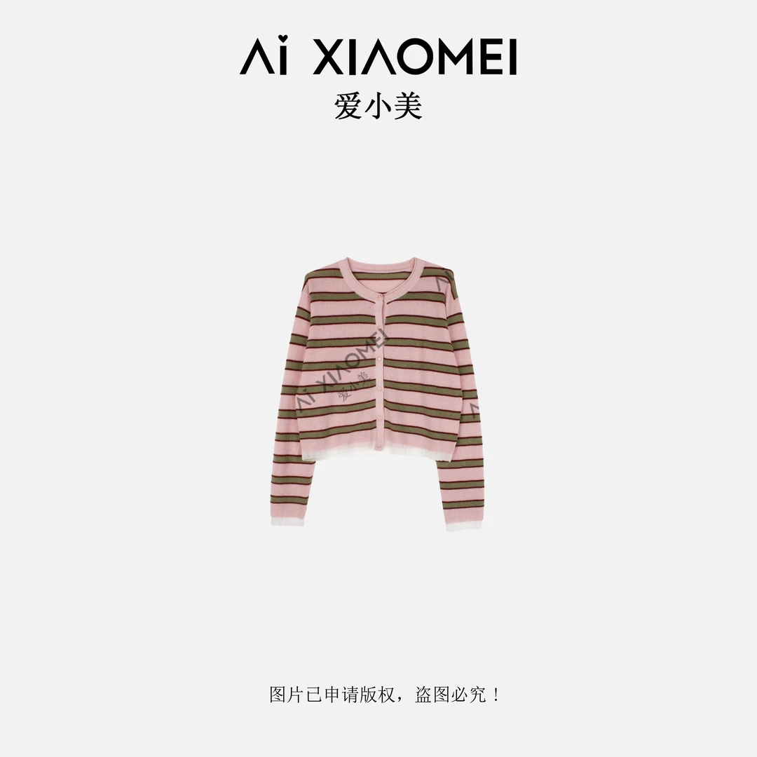 Aixiaomei/爱小美秋季圆领宽松单排扣撞色条纹针织上衣WT-1159