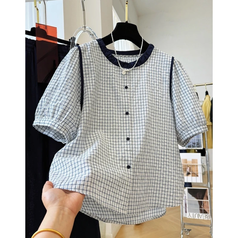 韩系减龄高级感气质圆领格子短袖衬衫女夏季纯棉小衫超好看上衣