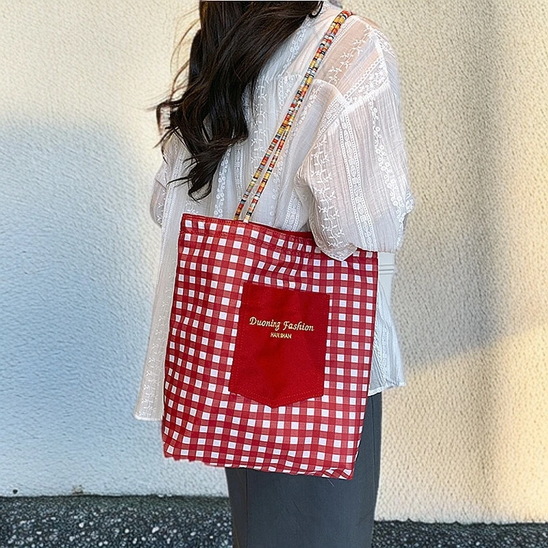 大容量学生上课手提袋韩版通勤单肩双面托特包春季格子帆布包包女