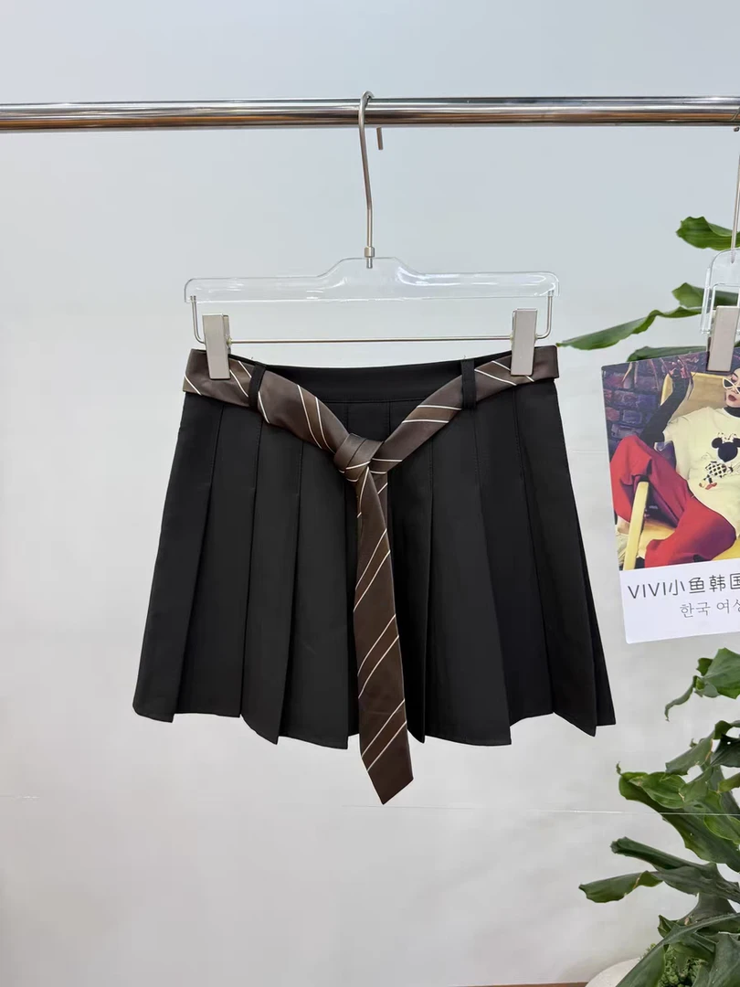 57086#丝巾系带百褶裙女2025新款拉链收腰西装短裙学院风a字裙