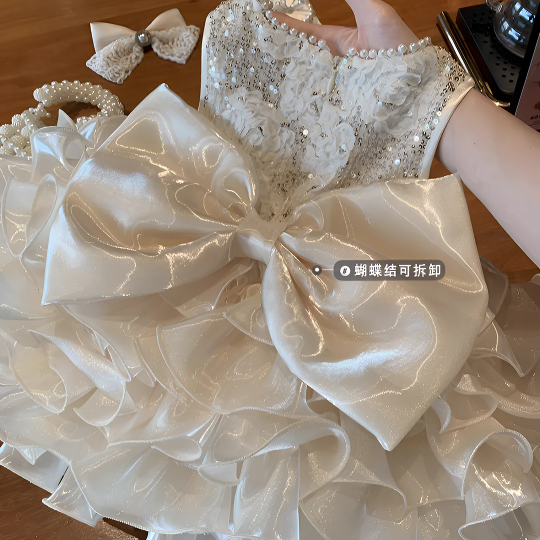 女童无袖蝴蝶结亮片蛋糕裙2025夏季新款儿童洋气小香风生日礼服潮
