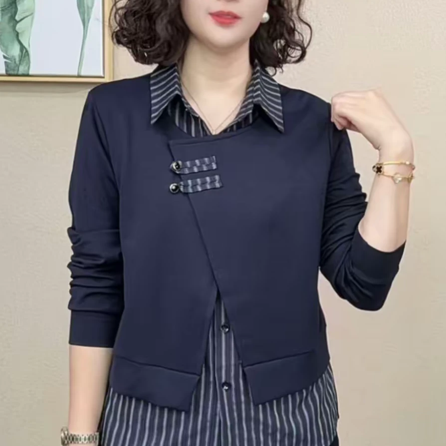 秋季新款时尚洋气长袖卫衣显瘦减龄休闲拼接格子假两件衬衫领上衣