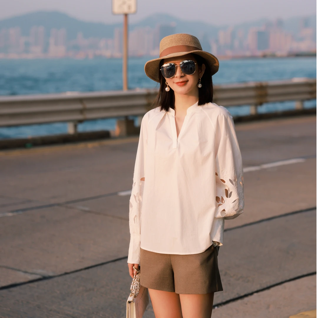 ANGELIAORIGINAL 25年新款春夏袖子褛空重工绣花V领百搭衬衫#092