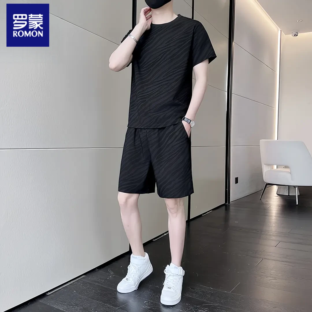 罗蒙男士夏季套装新款冰丝短袖短裤潮流搭配一套帅气薄款成熟稳重