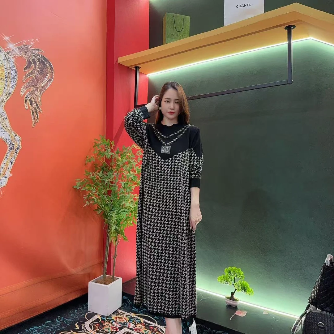 7189多金大码气质减龄长款A字裙子春秋季设计长袖连衣裙女