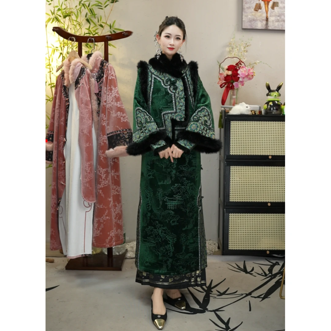 代佳莉国风2024冬季时尚绿色加绒复古女装裙子（2444+2454）