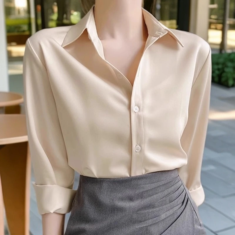 仿醋酸缎面衬衫女秋装新款小个子长袖衬衣法式老钱风高级感上衣