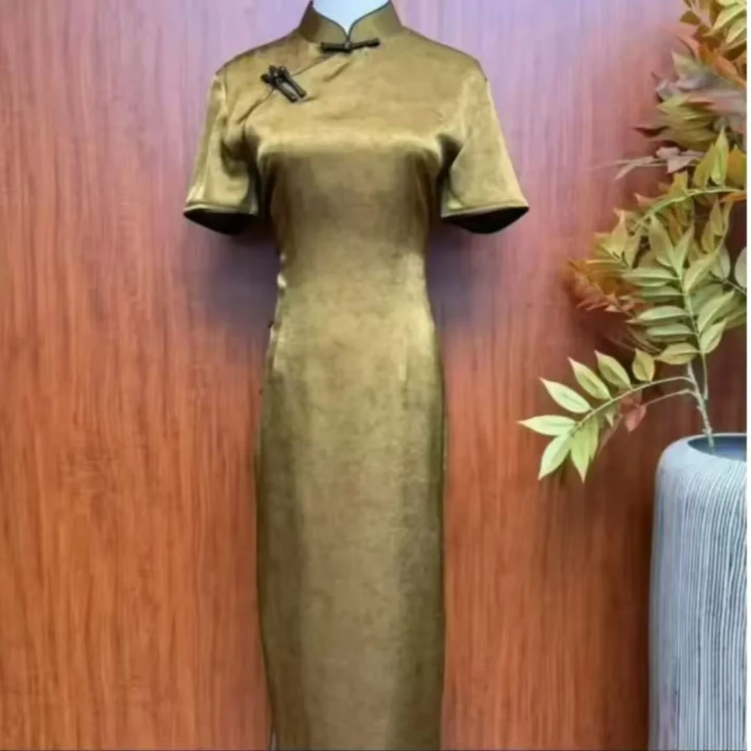 【黄缎琉璃】2025新款复古修身气质优雅长款旗袍梦蝶晴空