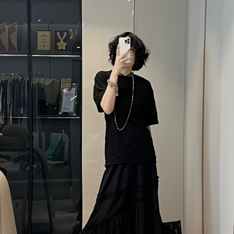 S2ECT6221S肌理感蕾丝提花宽松短袖T恤极简风韩系百搭慵懒感上衣