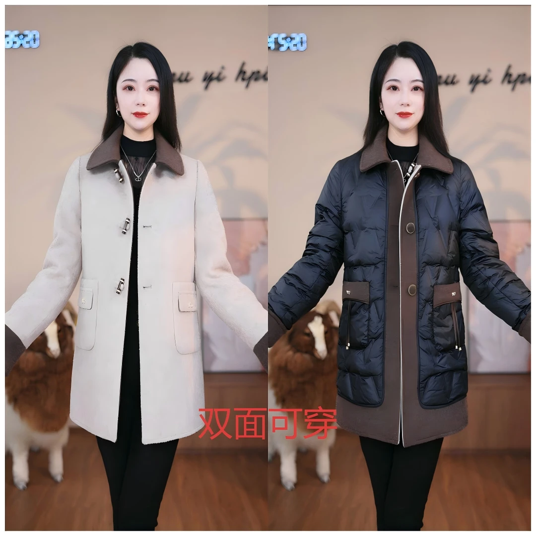 璐娅娜专享25年秋冬白鸭绒羊毛羽绒服大衣外套双面双穿加厚女装