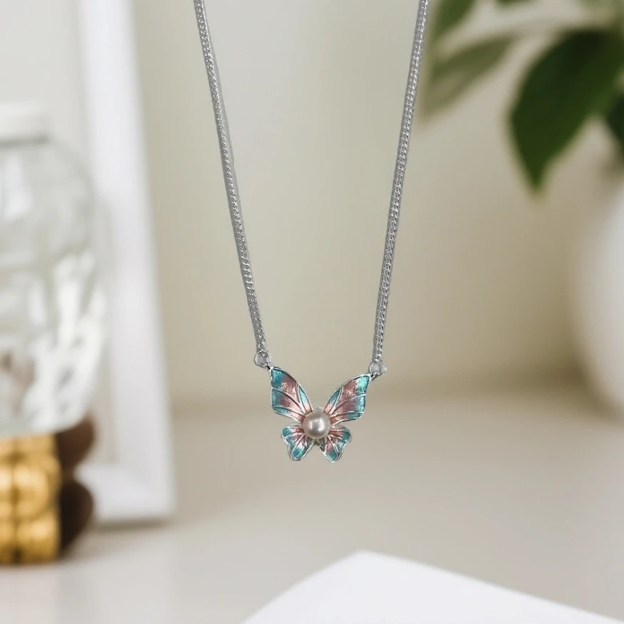 甜美风微镶单颗珍珠珐琅精美蝴蝶