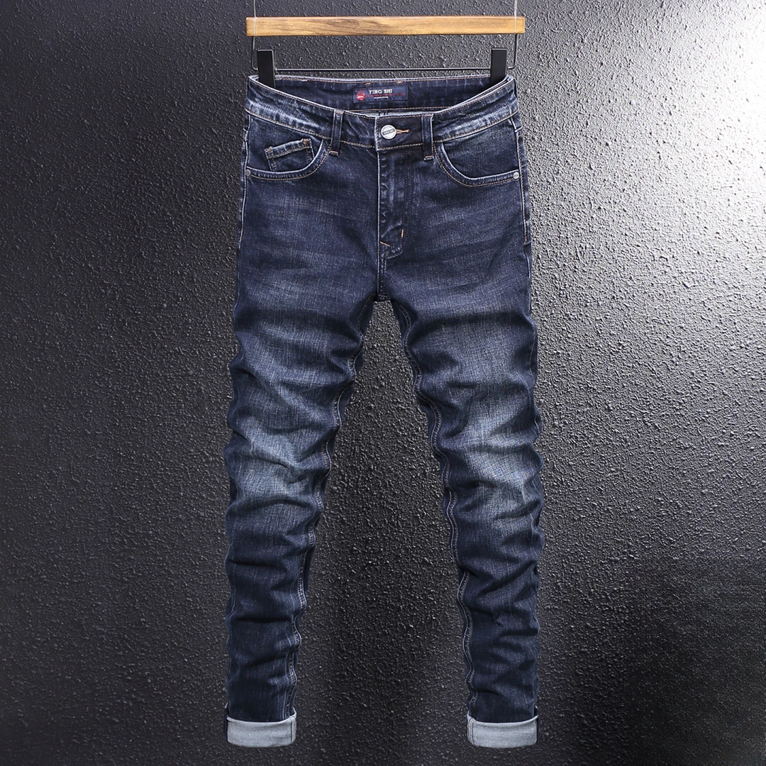 高端美式深蓝复古牛仔裤男青年百搭秋冬新款简约休闲弹力修身小脚