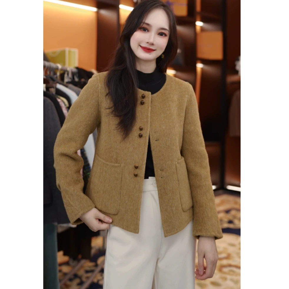 【双喜】2025上新圆领六粒扣修身双面羊毛大衣短款外套25207