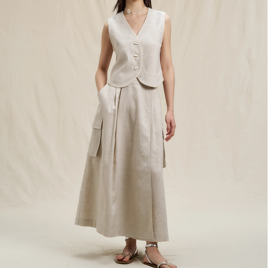 WHM平纹亚麻褶裥搭片半裙