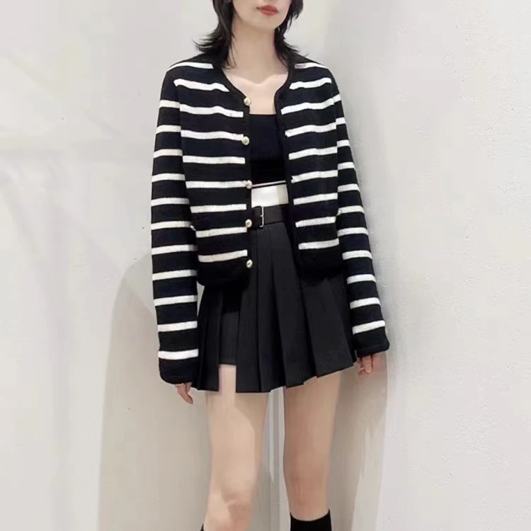凯特丝蓓#215小香风黑白条纹针织开衫春秋长袖圆领短外套1-1286