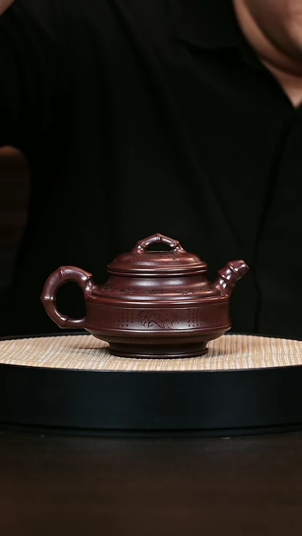 茶壶紫砂双线竹鼓 明红砂 340cc