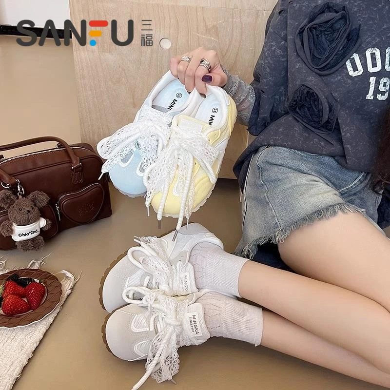 三福网面透气德训鞋女夏新款芭蕾鞋子小白鞋小众女鞋百搭休闲板鞋