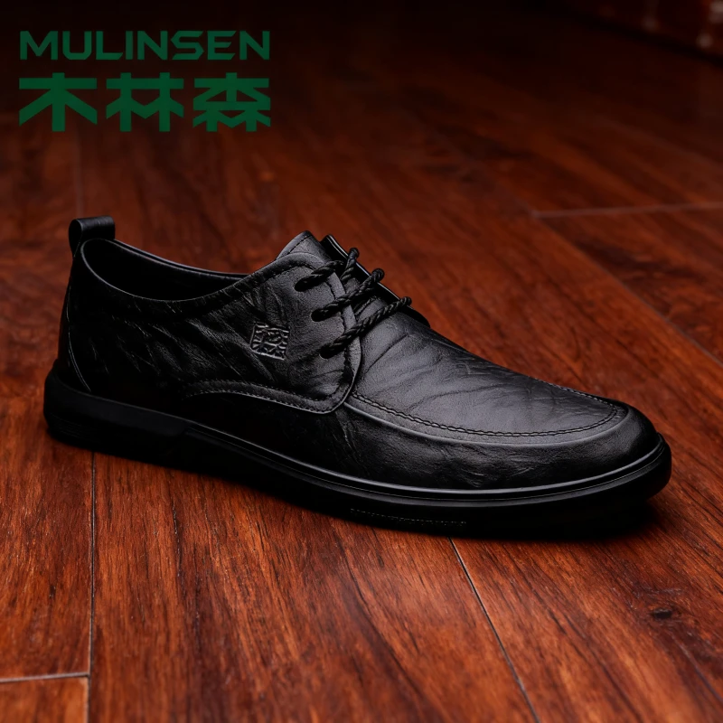 木林森商务百搭保暖秋冬款正装透气秋休闲男鞋系带加绒厚底真皮