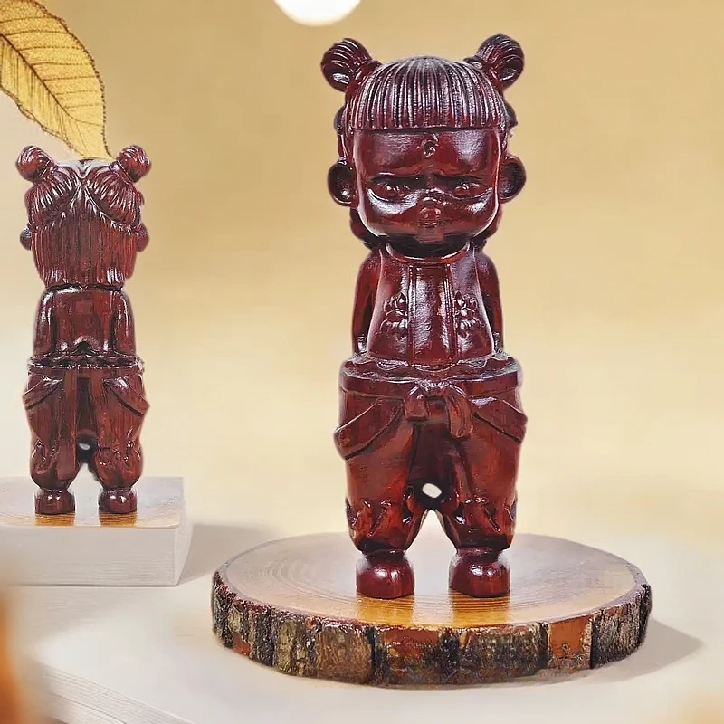 魔童降世檀木雕刻可爱哪吒手把件家居家用汽车载手办摆件中式装饰