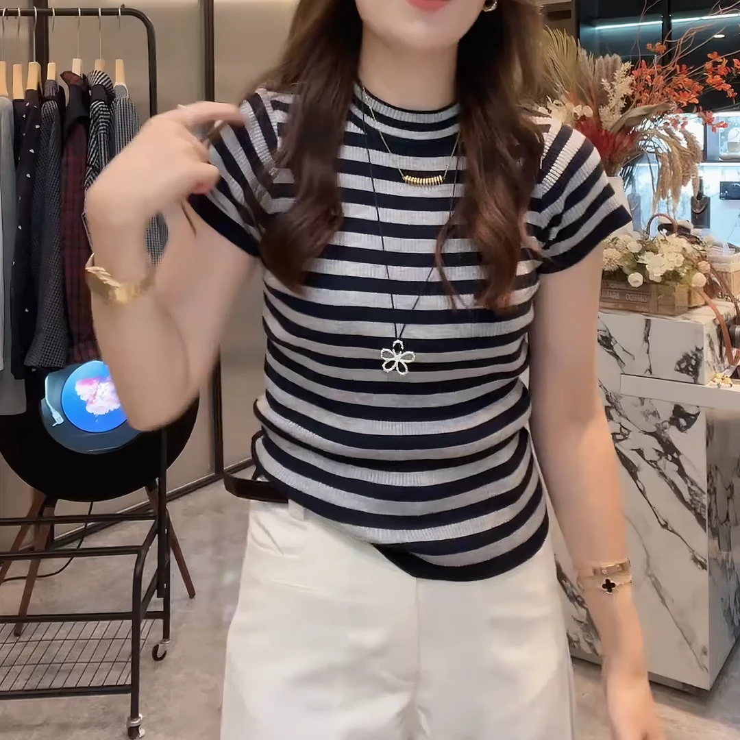 秋季新款时尚优雅修身短袖T恤老钱风女装洋气修身打底衫LK2505993