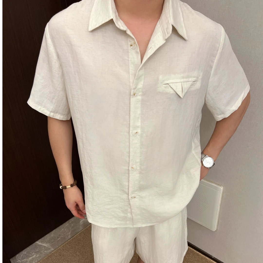 【莱赛尔】夏季薄款亚麻混纺透气衬衫短袖套装两件套男