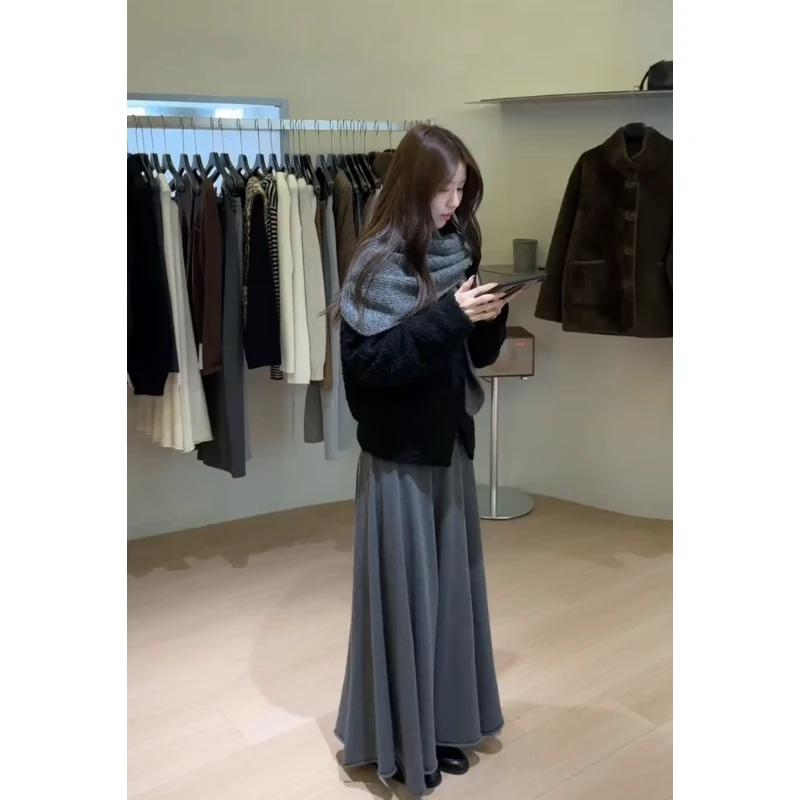 韩系穿搭2025秋冬新款百搭披肩纯色长袖上衣显瘦高腰半身裙三件套