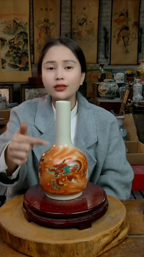 摆件陶景德镇陶瓷摆件龙纹赏瓶