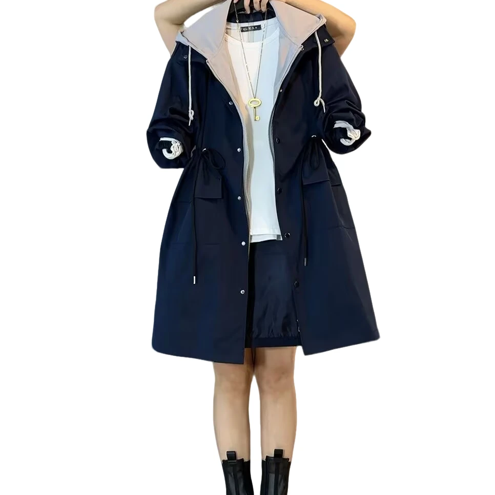 大维罗依GF欧货秋款假两件连帽气质收腰中长款风衣外套