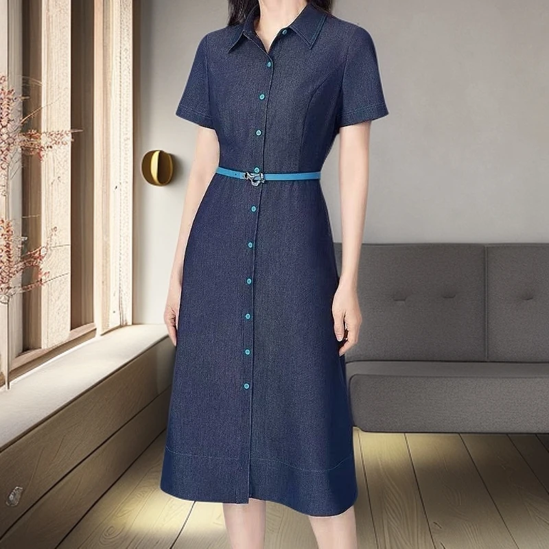 【758连衣裙】薇乐牛仔蓝色复古法式收腰中长款修身设计感