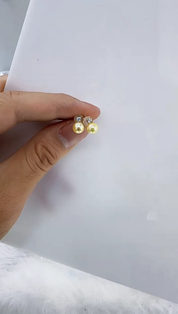 银S925镶嵌海水珍珠DA羽皇金耳饰6-7 c1388