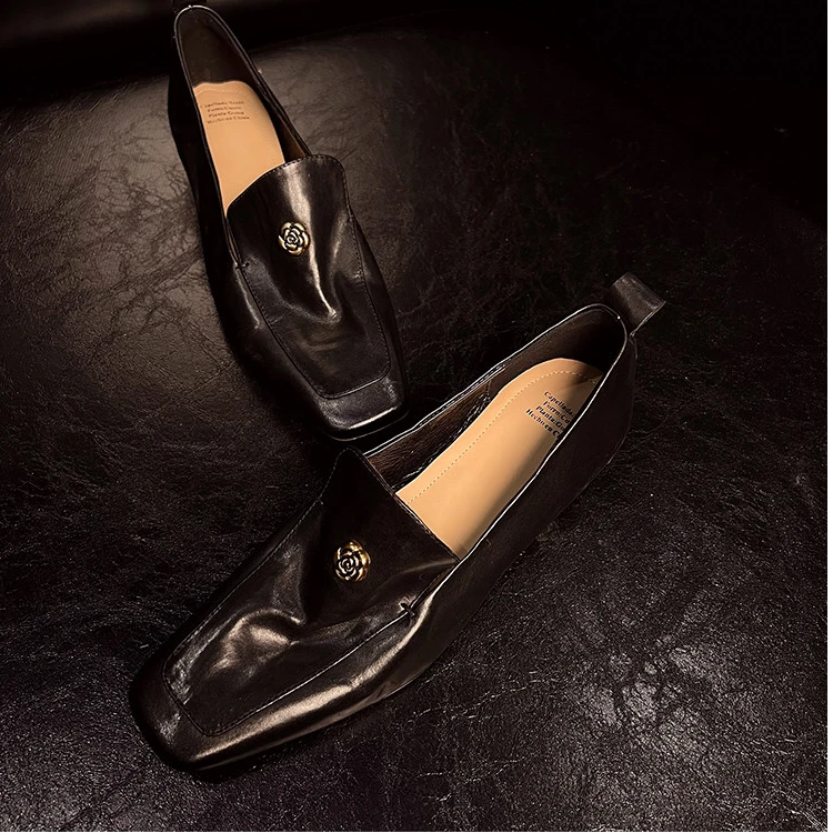 【黄老鞋】突起深口乐福鞋女真皮百搭软底豆豆鞋低跟春款单鞋小皮鞋