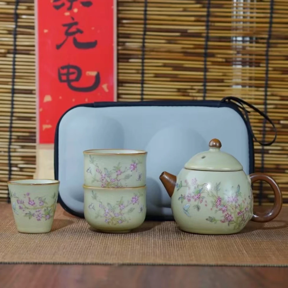 YS596-（下架）桃花一壶三杯旅行茶具手工陶瓷主人杯手绘蝶恋花青瓷